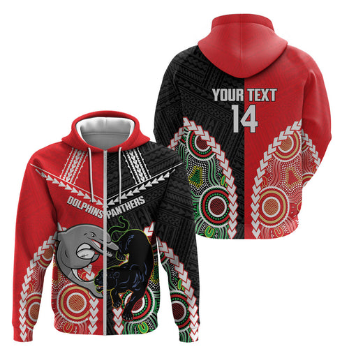 Custom Rugby Panthers and Dolphins Zip Hoodie 2026 Together Aboriginal Polynesian Pattern