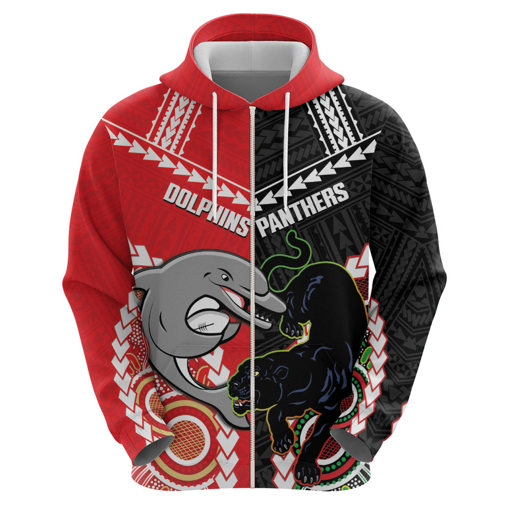 Custom Rugby Panthers and Dolphins Zip Hoodie 2026 Together Aboriginal Polynesian Pattern