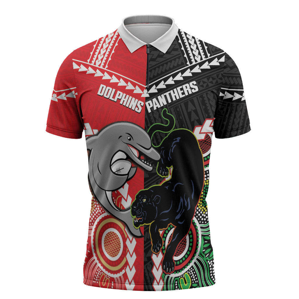 Custom Rugby Panthers and Dolphins Zipper Polo Shirt 2026 Together Aboriginal Polynesian Pattern