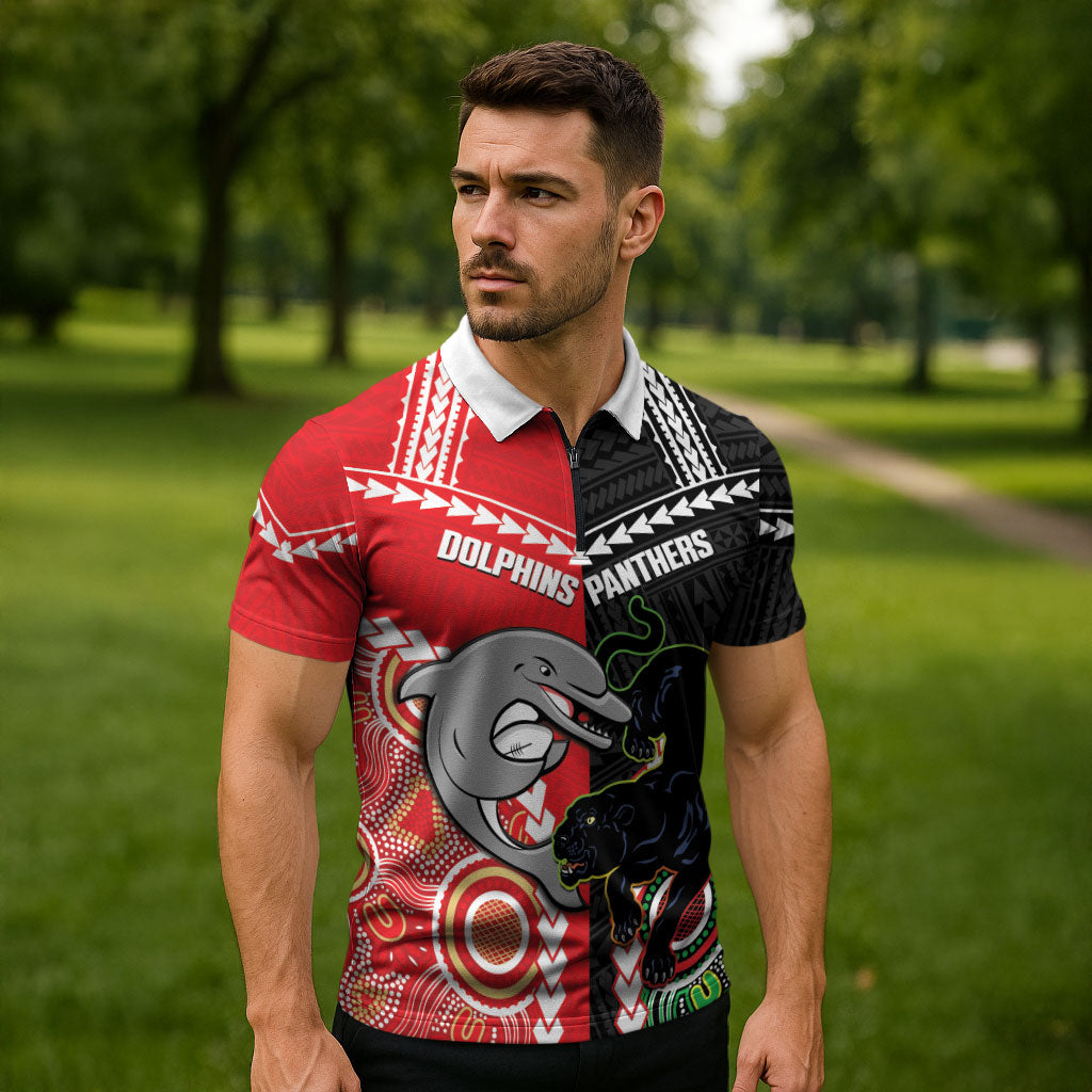 Custom Rugby Panthers and Dolphins Zipper Polo Shirt 2026 Together Aboriginal Polynesian Pattern