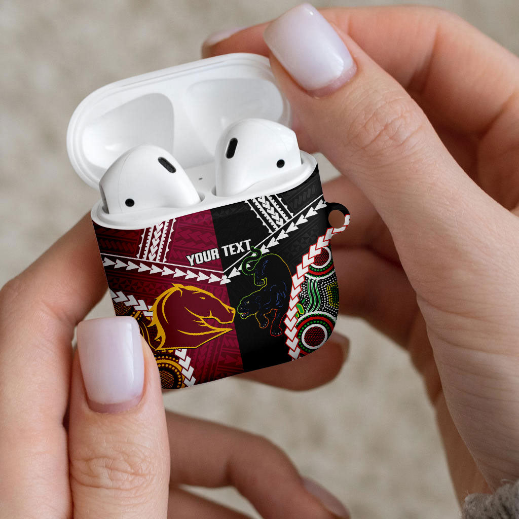 Custom Rugby Panthers and Broncos AirPods Case 2026 Together Aboriginal Polynesian Pattern