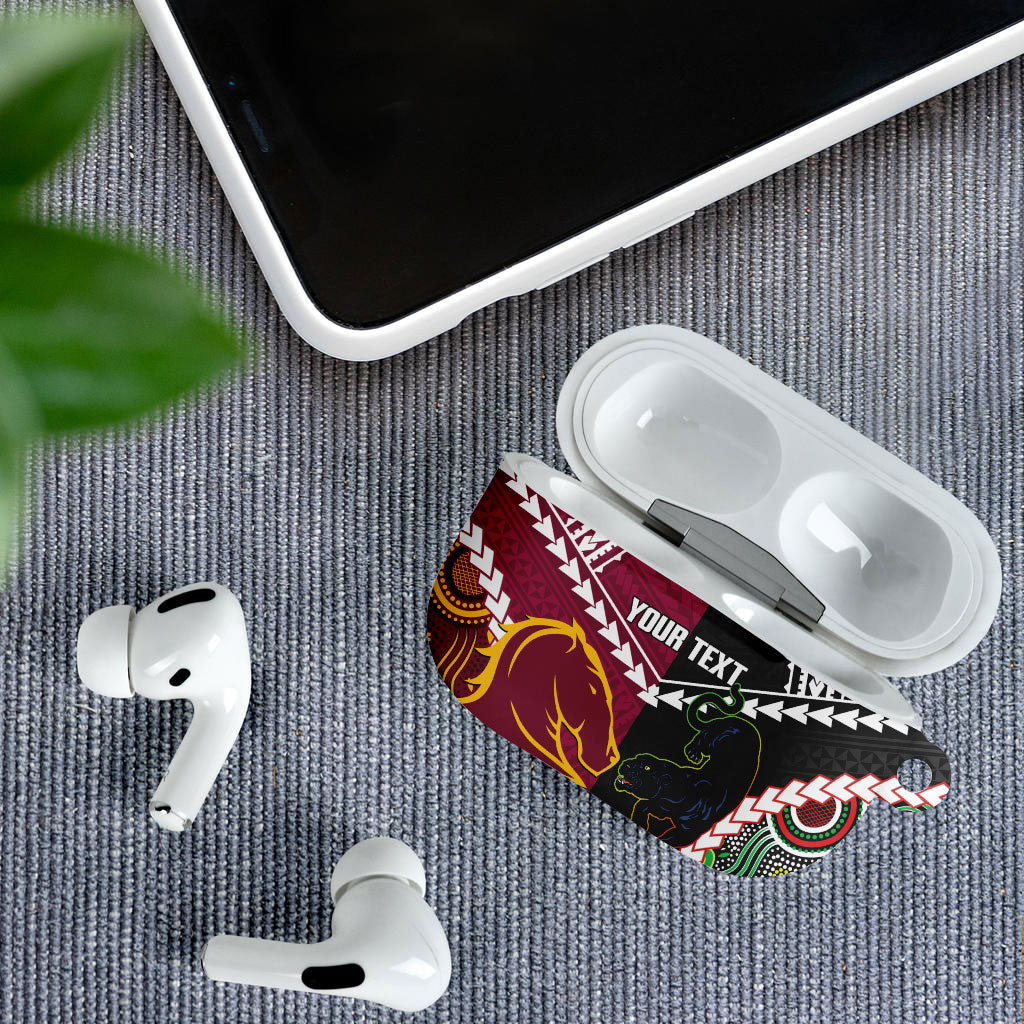 Custom Rugby Panthers and Broncos AirPods Case 2026 Together Aboriginal Polynesian Pattern