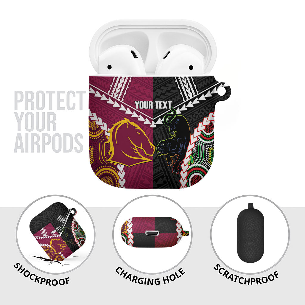 Custom Rugby Panthers and Broncos AirPods Case 2026 Together Aboriginal Polynesian Pattern