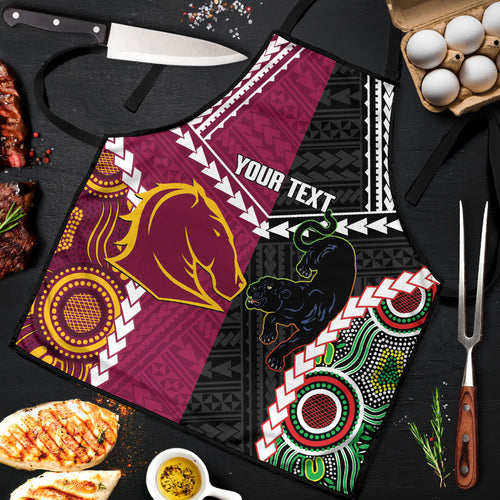 Custom Rugby Panthers and Broncos Apron 2026 Together Aboriginal Polynesian Pattern