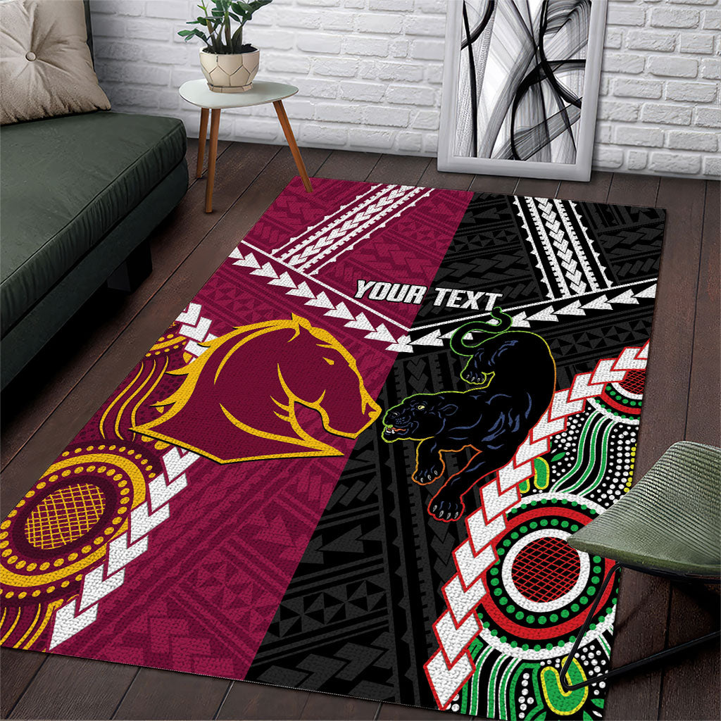 Custom Rugby Panthers and Broncos Area Rug 2026 Together Aboriginal Polynesian Pattern