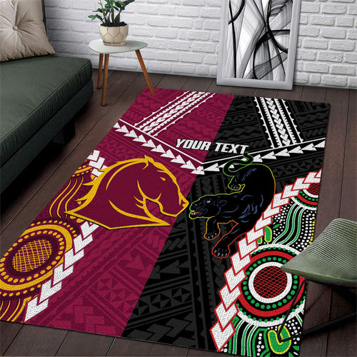 Custom Rugby Panthers and Broncos Area Rug 2026 Together Aboriginal Polynesian Pattern