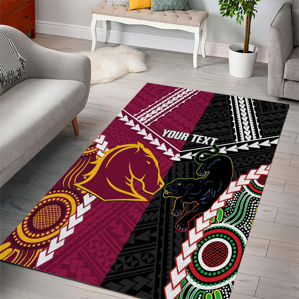 Custom Rugby Panthers and Broncos Area Rug 2026 Together Aboriginal Polynesian Pattern