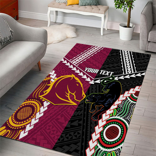 Custom Rugby Panthers and Broncos Area Rug 2026 Together Aboriginal Polynesian Pattern