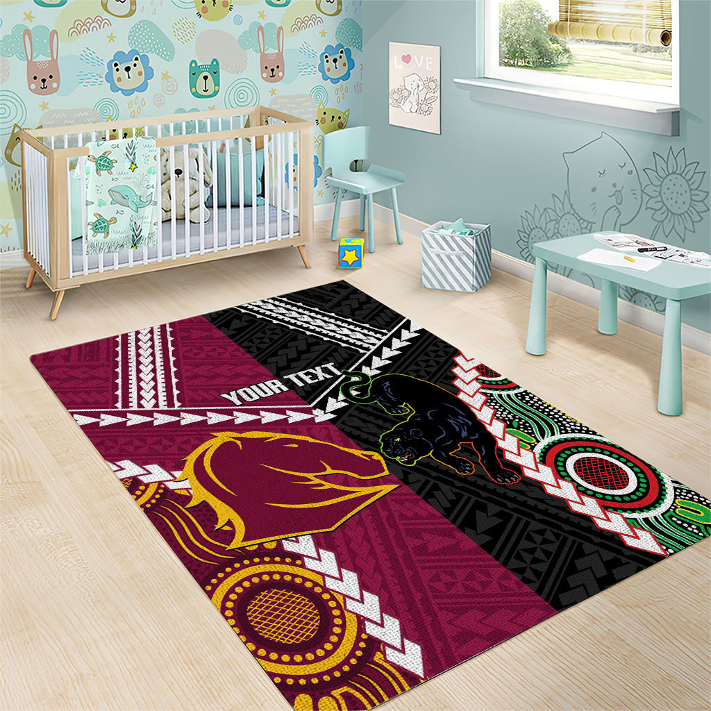 Custom Rugby Panthers and Broncos Area Rug 2026 Together Aboriginal Polynesian Pattern