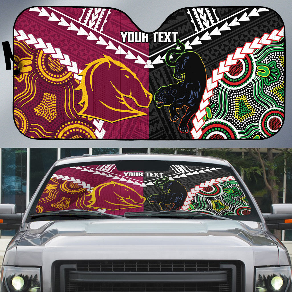 Custom Rugby Panthers and Broncos Auto Sun Shade 2026 Together Aboriginal Polynesian Pattern