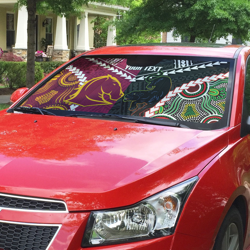 Custom Rugby Panthers and Broncos Auto Sun Shade 2026 Together Aboriginal Polynesian Pattern