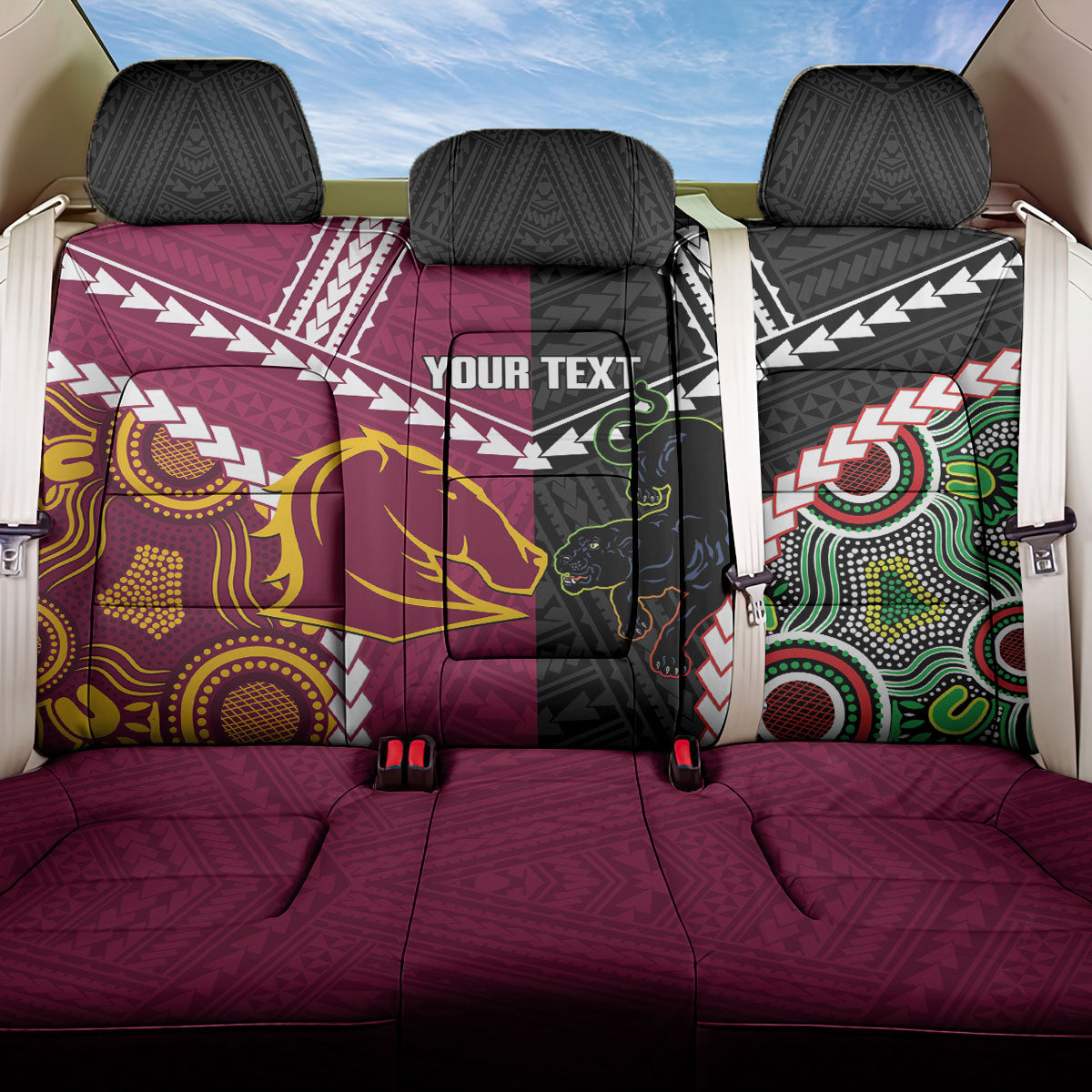 Custom Rugby Panthers and Broncos Back Car Seat Cover 2026 Together Aboriginal Polynesian Pattern