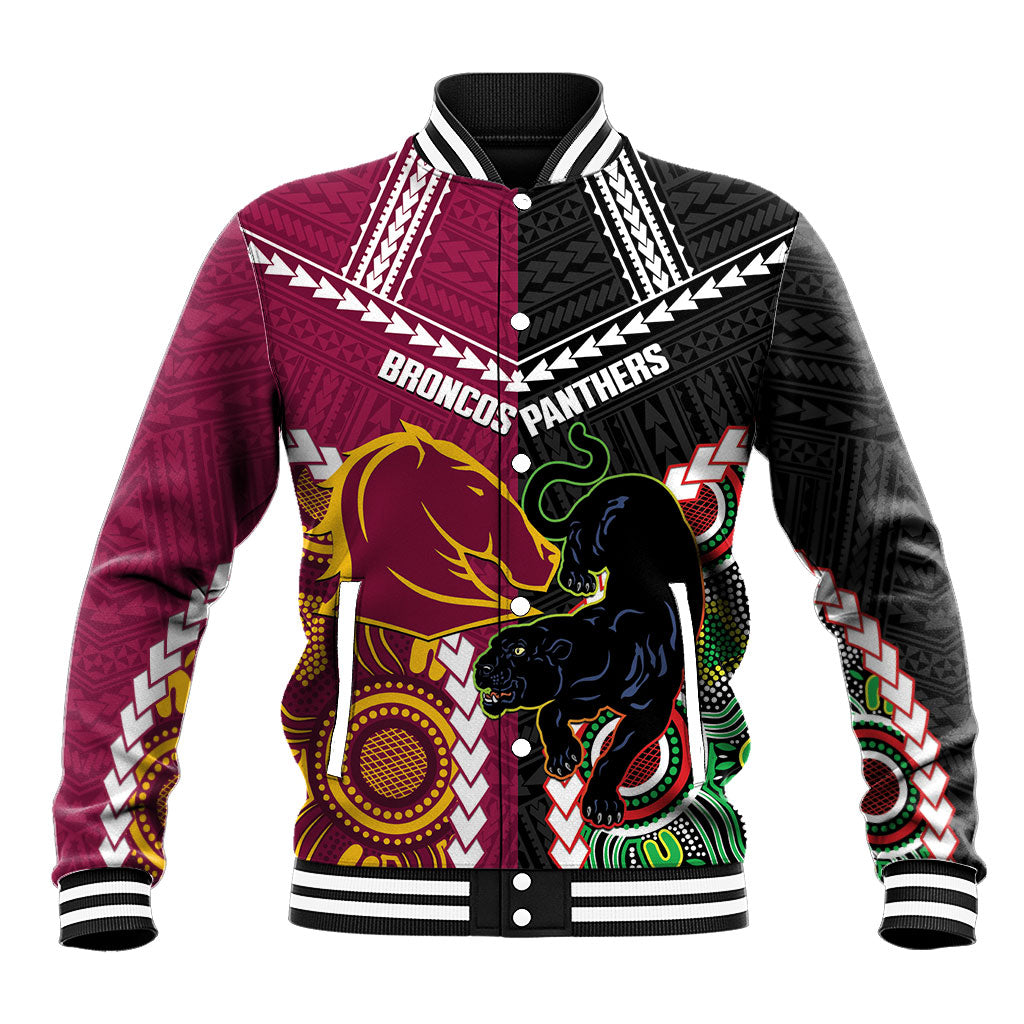 Custom Rugby Panthers and Broncos Baseball Jacket 2026 Together Aboriginal Polynesian Pattern