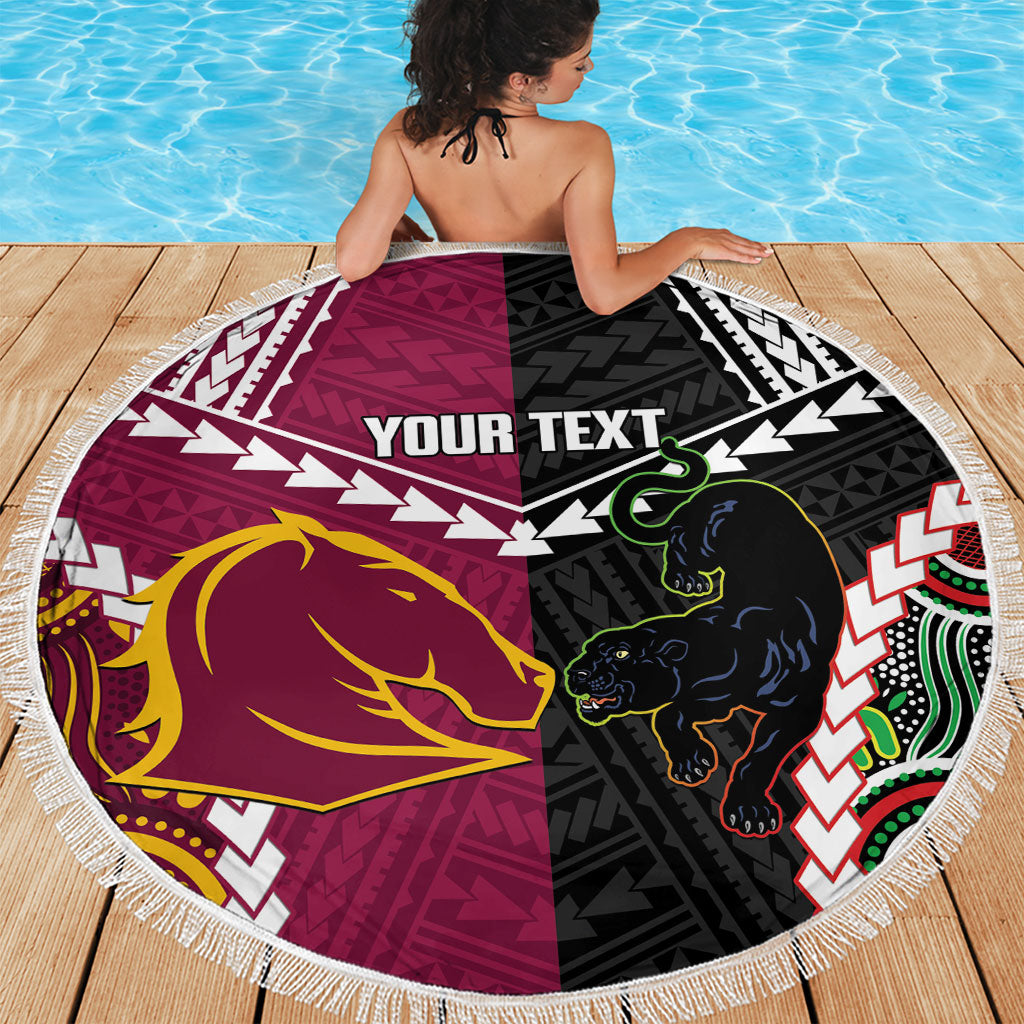Custom Rugby Panthers and Broncos Beach Blanket 2026 Together Aboriginal Polynesian Pattern