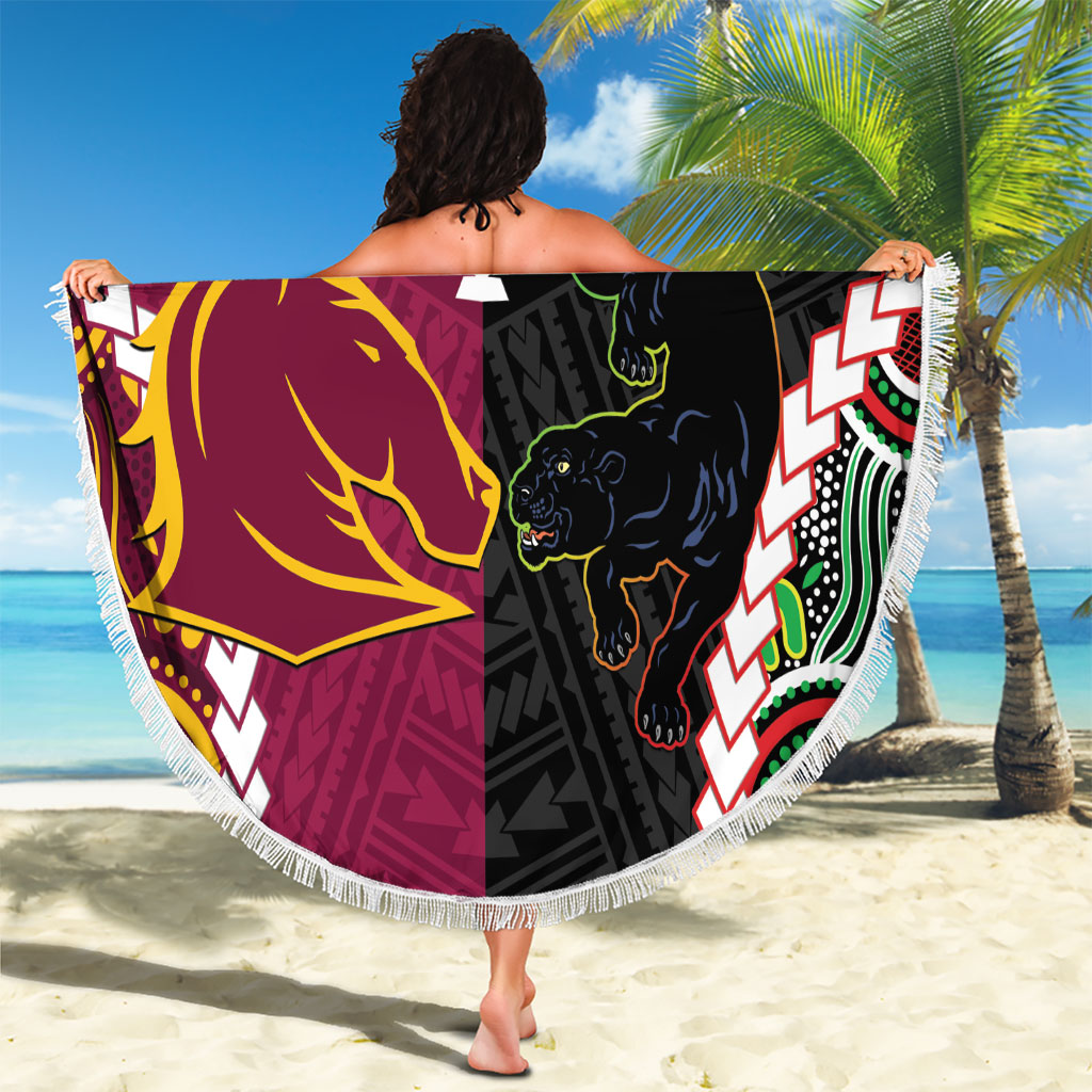 Custom Rugby Panthers and Broncos Beach Blanket 2026 Together Aboriginal Polynesian Pattern