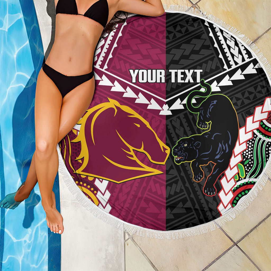 Custom Rugby Panthers and Broncos Beach Blanket 2026 Together Aboriginal Polynesian Pattern