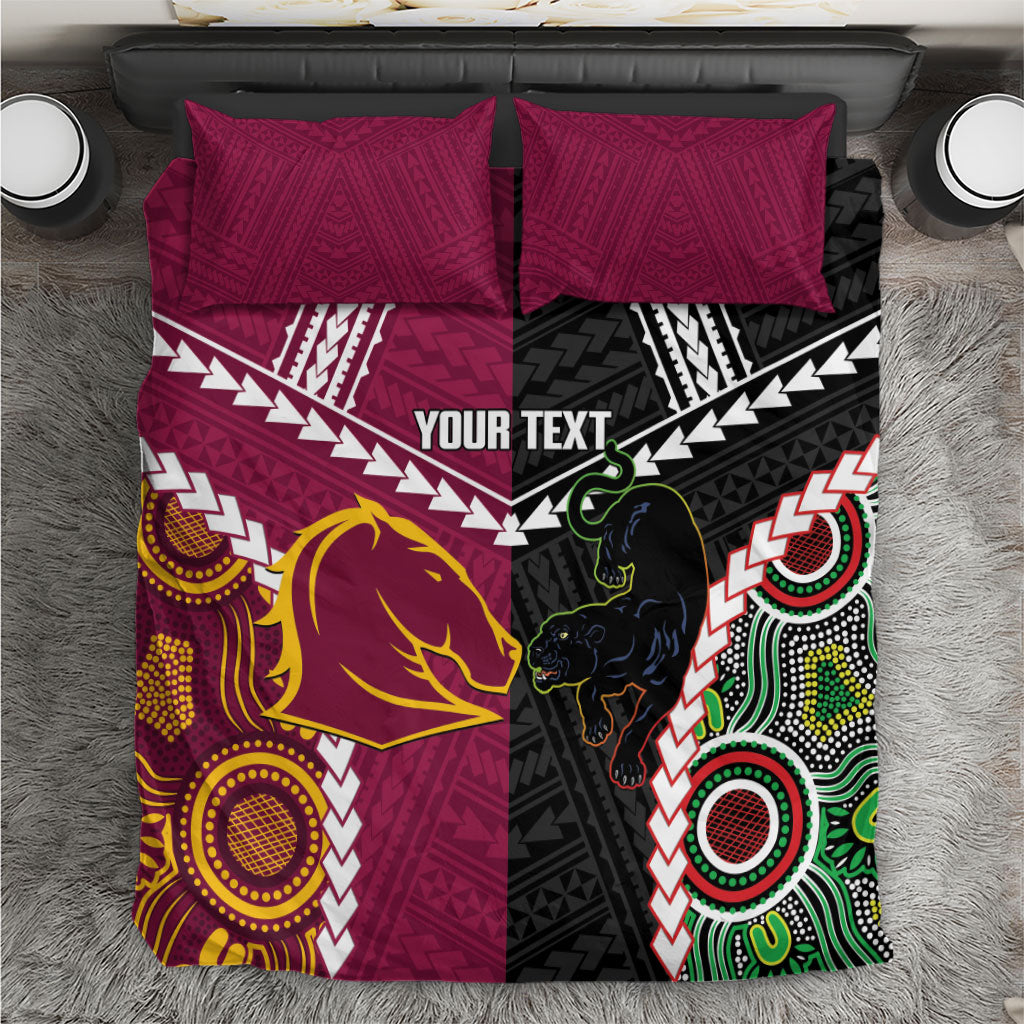 Custom Rugby Panthers and Broncos Bedding Set 2026 Together Aboriginal Polynesian Pattern