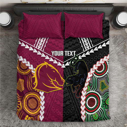 Custom Rugby Panthers and Broncos Bedding Set 2026 Together Aboriginal Polynesian Pattern