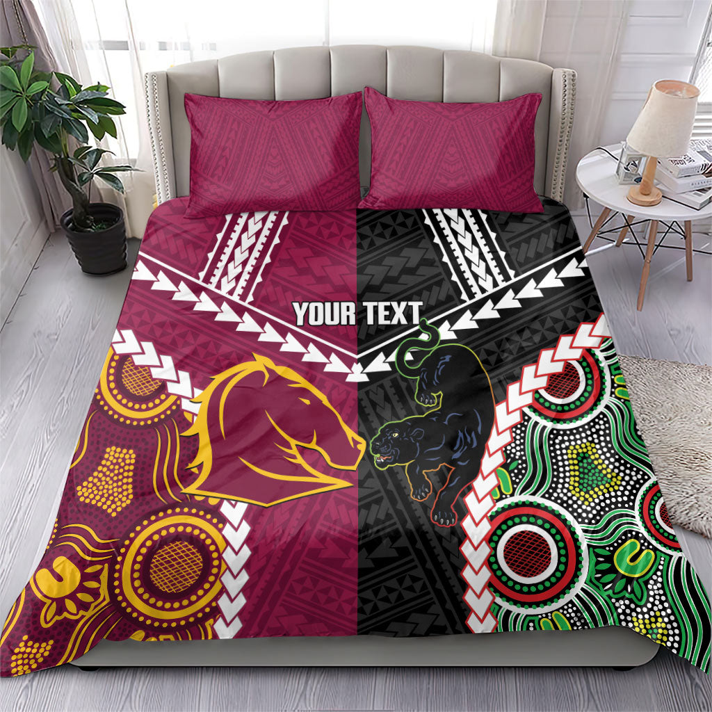 Custom Rugby Panthers and Broncos Bedding Set 2026 Together Aboriginal Polynesian Pattern