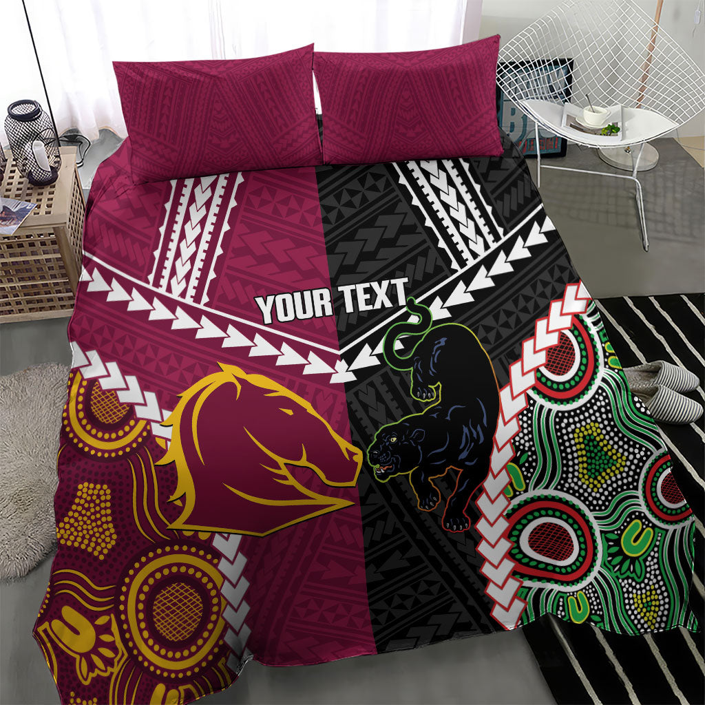 Custom Rugby Panthers and Broncos Bedding Set 2026 Together Aboriginal Polynesian Pattern