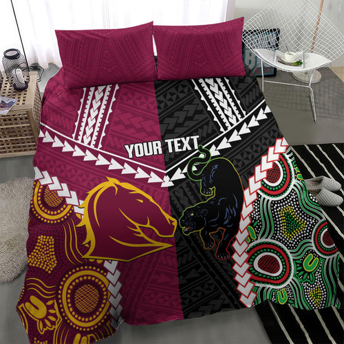 Custom Rugby Panthers and Broncos Bedding Set 2026 Together Aboriginal Polynesian Pattern