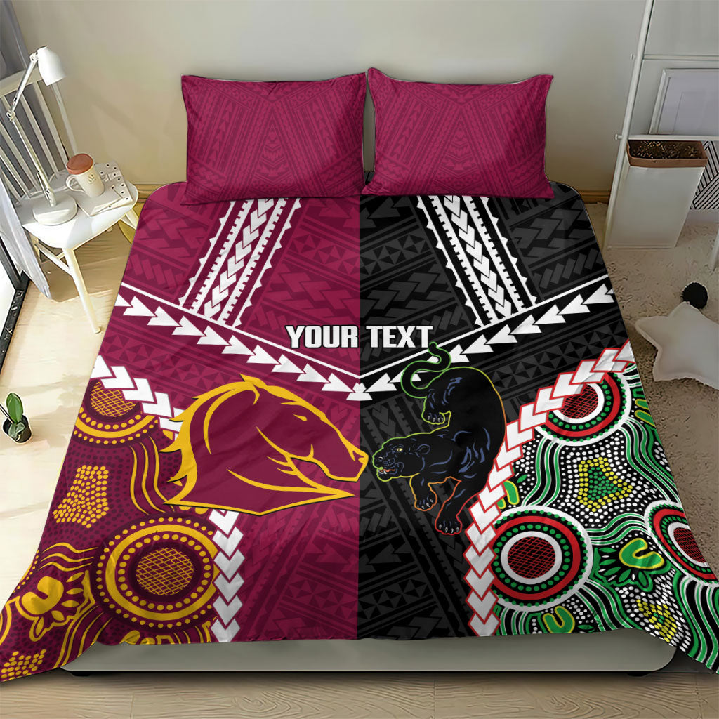 Custom Rugby Panthers and Broncos Bedding Set 2026 Together Aboriginal Polynesian Pattern