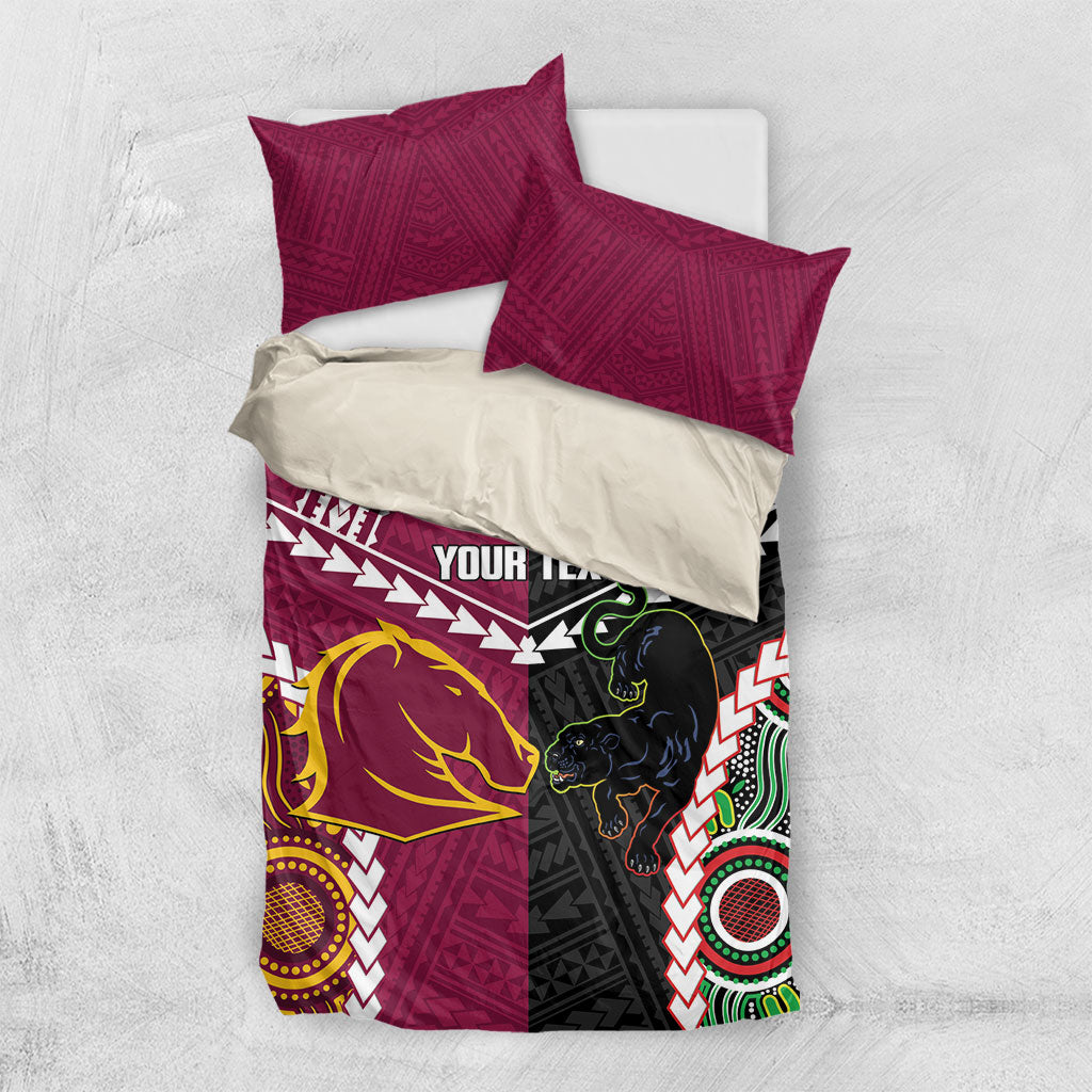 Custom Rugby Panthers and Broncos Bedding Set 2026 Together Aboriginal Polynesian Pattern