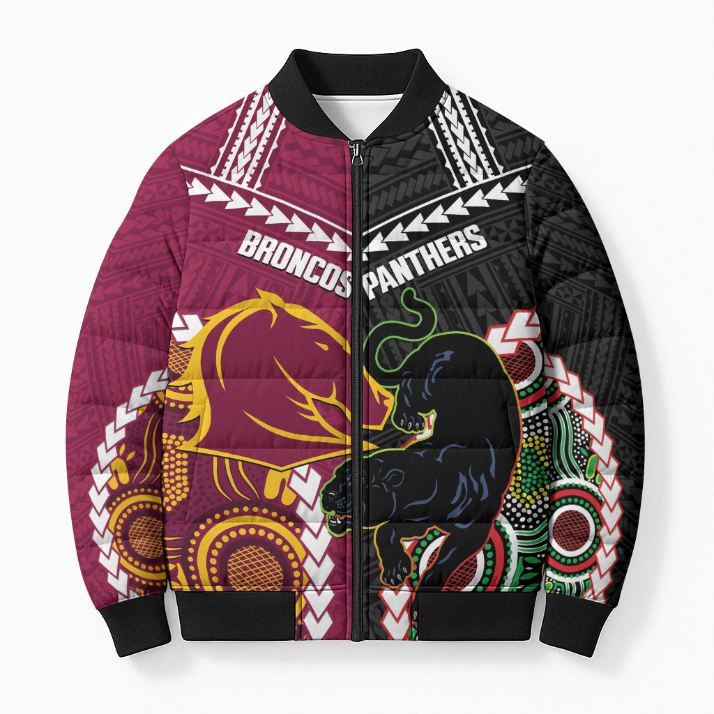 Custom Rugby Panthers and Broncos Bomber Puffer Jacket 2026 Together Aboriginal Polynesian Pattern