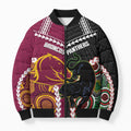 Custom Rugby Panthers and Broncos Bomber Puffer Jacket 2026 Together Aboriginal Polynesian Pattern