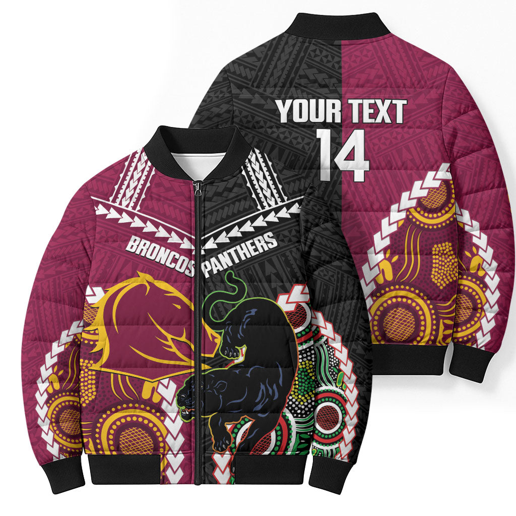 Custom Rugby Panthers and Broncos Bomber Puffer Jacket 2026 Together Aboriginal Polynesian Pattern