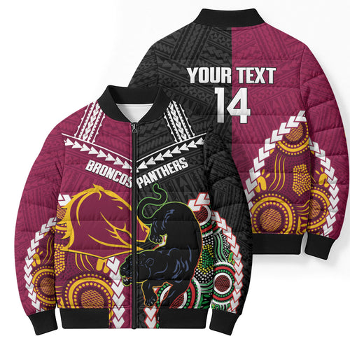 Custom Rugby Panthers and Broncos Bomber Puffer Jacket 2026 Together Aboriginal Polynesian Pattern