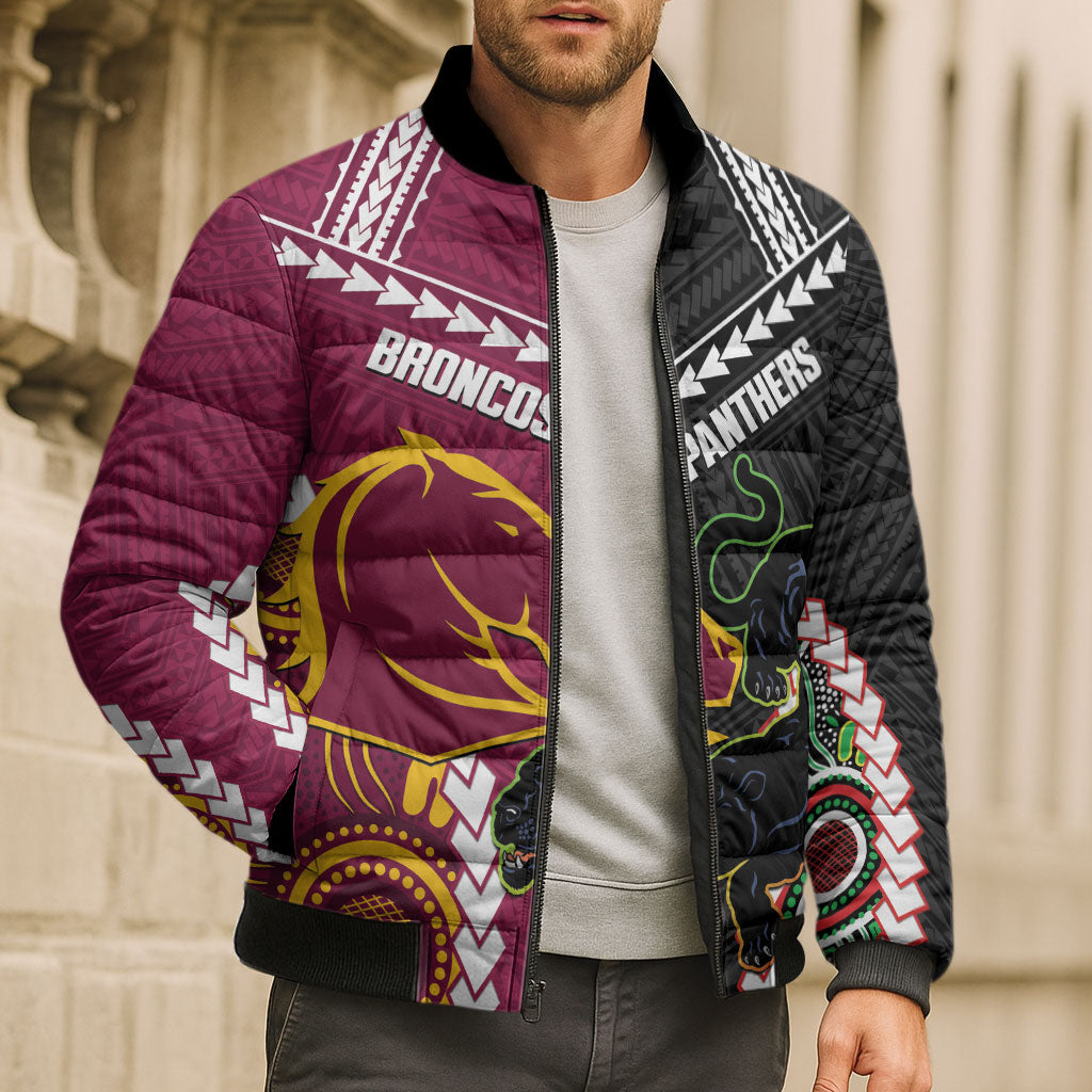 Custom Rugby Panthers and Broncos Bomber Puffer Jacket 2026 Together Aboriginal Polynesian Pattern