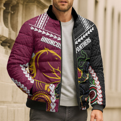Custom Rugby Panthers and Broncos Bomber Puffer Jacket 2026 Together Aboriginal Polynesian Pattern