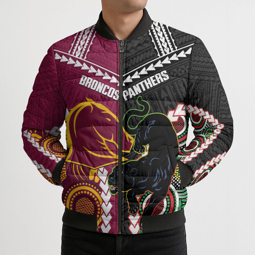 Custom Rugby Panthers and Broncos Bomber Puffer Jacket 2026 Together Aboriginal Polynesian Pattern