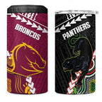 Custom Rugby Panthers and Broncos 4 in 1 Can Cooler Tumbler 2026 Together Aboriginal Polynesian Pattern