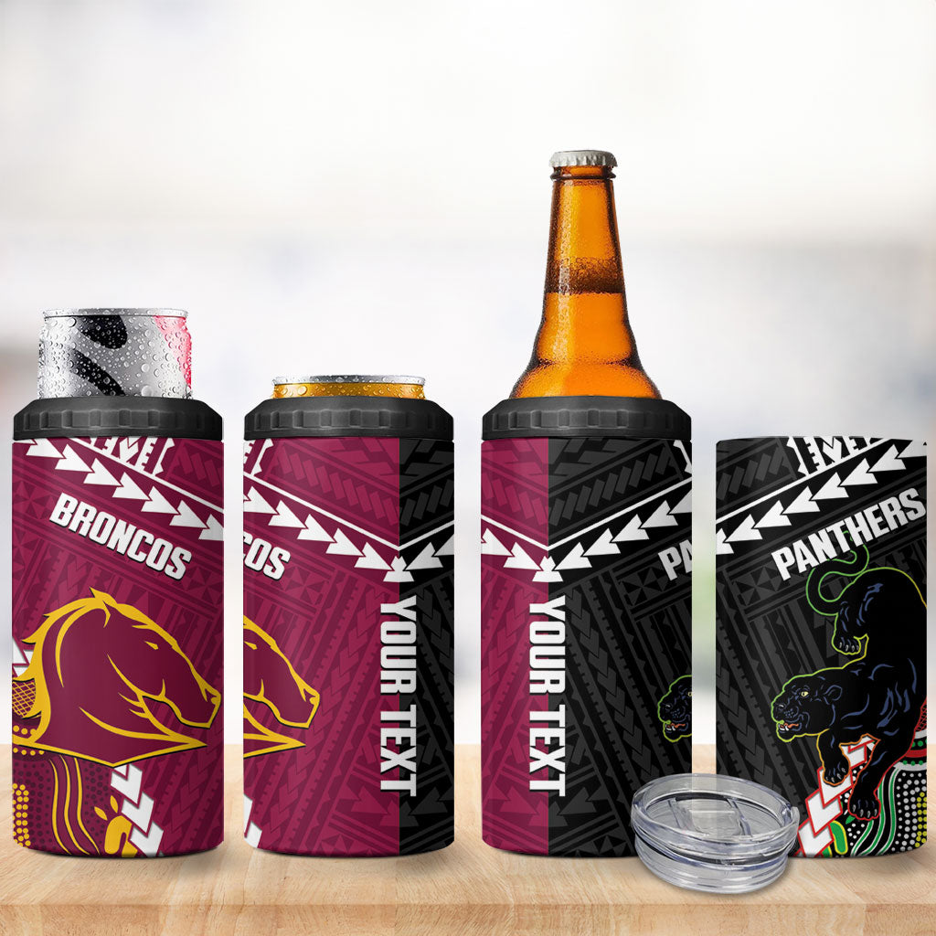Custom Rugby Panthers and Broncos 4 in 1 Can Cooler Tumbler 2026 Together Aboriginal Polynesian Pattern