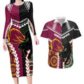 Custom Rugby Panthers and Broncos Couples Matching Long Sleeve Bodycon Dress and Hawaiian Shirt 2026 Together Aboriginal Polynesian Pattern