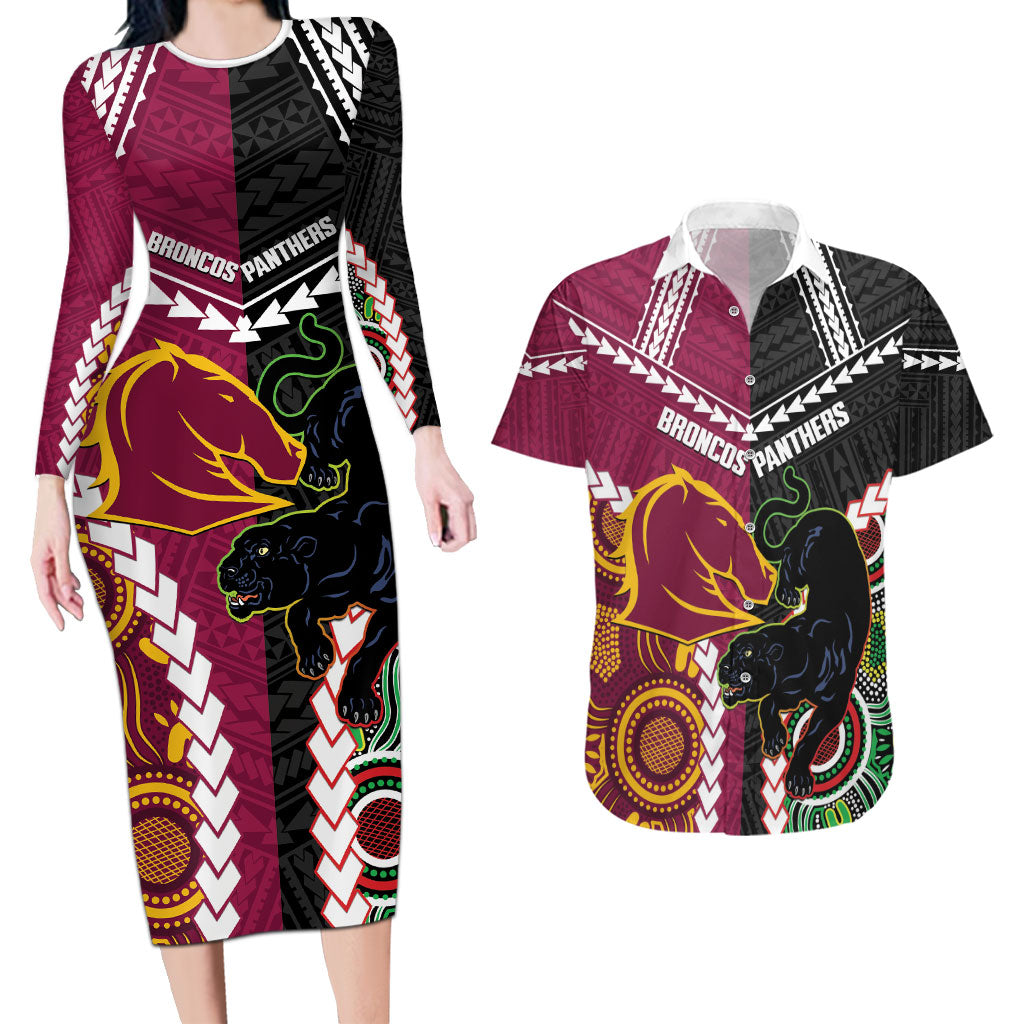 Custom Rugby Panthers and Broncos Couples Matching Long Sleeve Bodycon Dress and Hawaiian Shirt 2026 Together Aboriginal Polynesian Pattern