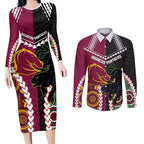 Custom Rugby Panthers and Broncos Couples Matching Long Sleeve Bodycon Dress and Long Sleeve Button Shirt 2026 Together Aboriginal Polynesian Pattern