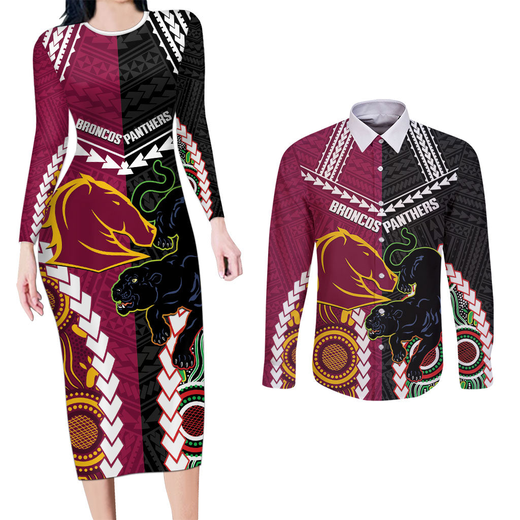 Custom Rugby Panthers and Broncos Couples Matching Long Sleeve Bodycon Dress and Long Sleeve Button Shirt 2026 Together Aboriginal Polynesian Pattern