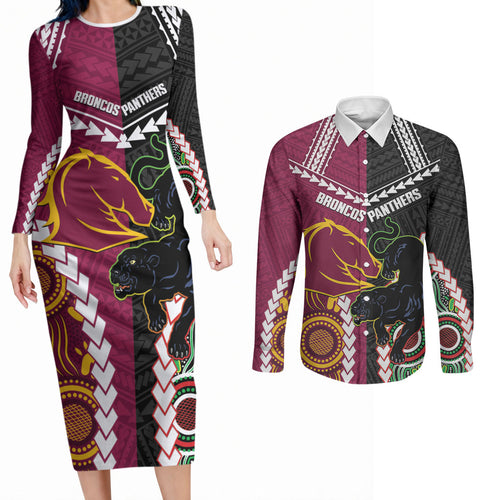 Custom Rugby Panthers and Broncos Couples Matching Long Sleeve Bodycon Dress and Long Sleeve Button Shirt 2026 Together Aboriginal Polynesian Pattern