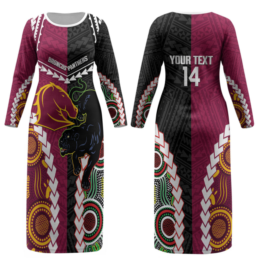 Custom Rugby Panthers and Broncos Couples Matching Long Sleeve Bodycon Dress and Long Sleeve Button Shirt 2026 Together Aboriginal Polynesian Pattern LT14