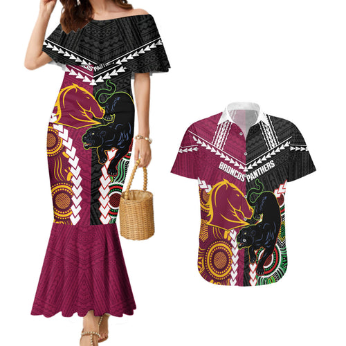 Custom Rugby Panthers and Broncos Couples Matching Mermaid Dress and Hawaiian Shirt 2026 Together Aboriginal Polynesian Pattern