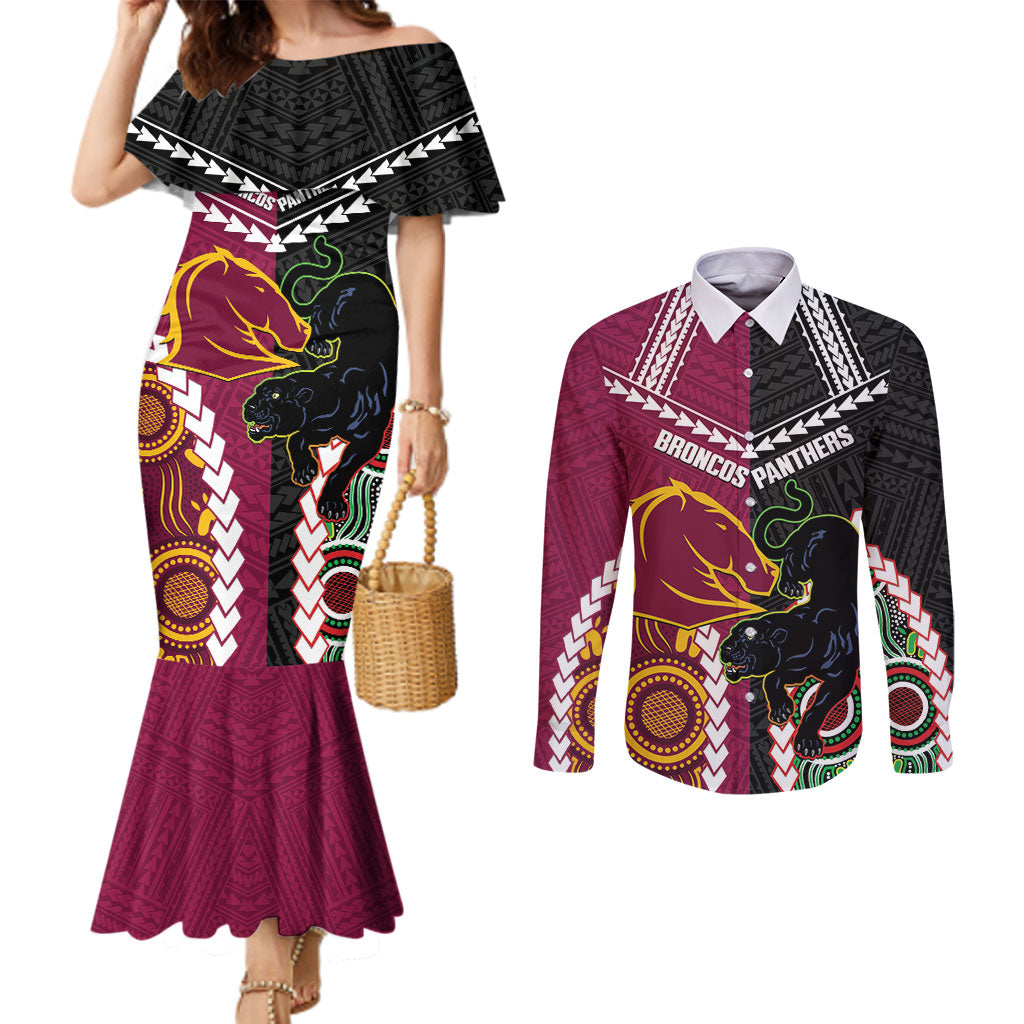 Custom Rugby Panthers and Broncos Couples Matching Mermaid Dress and Long Sleeve Button Shirt 2026 Together Aboriginal Polynesian Pattern