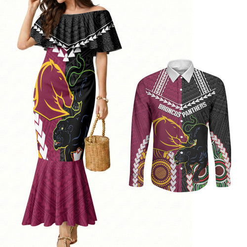 Custom Rugby Panthers and Broncos Couples Matching Mermaid Dress and Long Sleeve Button Shirt 2026 Together Aboriginal Polynesian Pattern