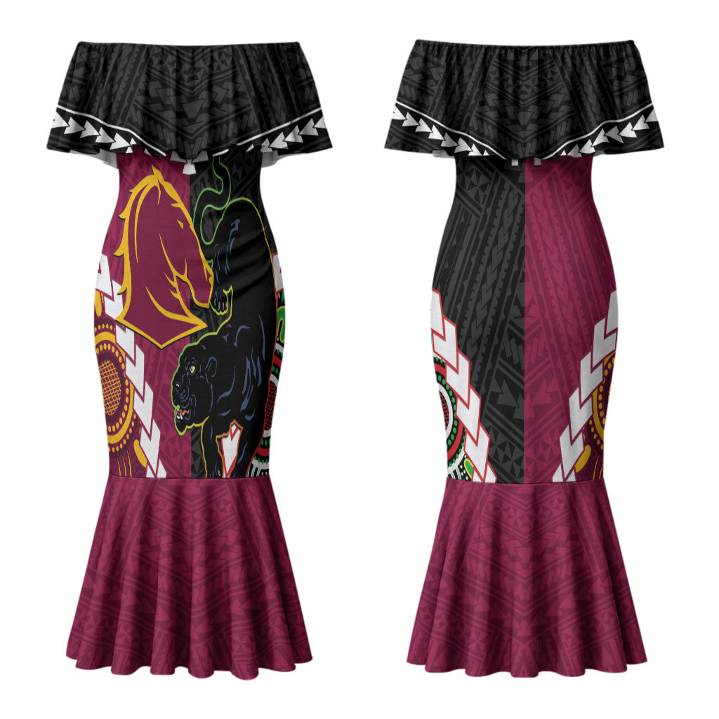 Custom Rugby Panthers and Broncos Couples Matching Mermaid Dress and Long Sleeve Button Shirt 2026 Together Aboriginal Polynesian Pattern LT14