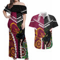 Custom Rugby Panthers and Broncos Couples Matching Off Shoulder Maxi Dress and Hawaiian Shirt 2026 Together Aboriginal Polynesian Pattern