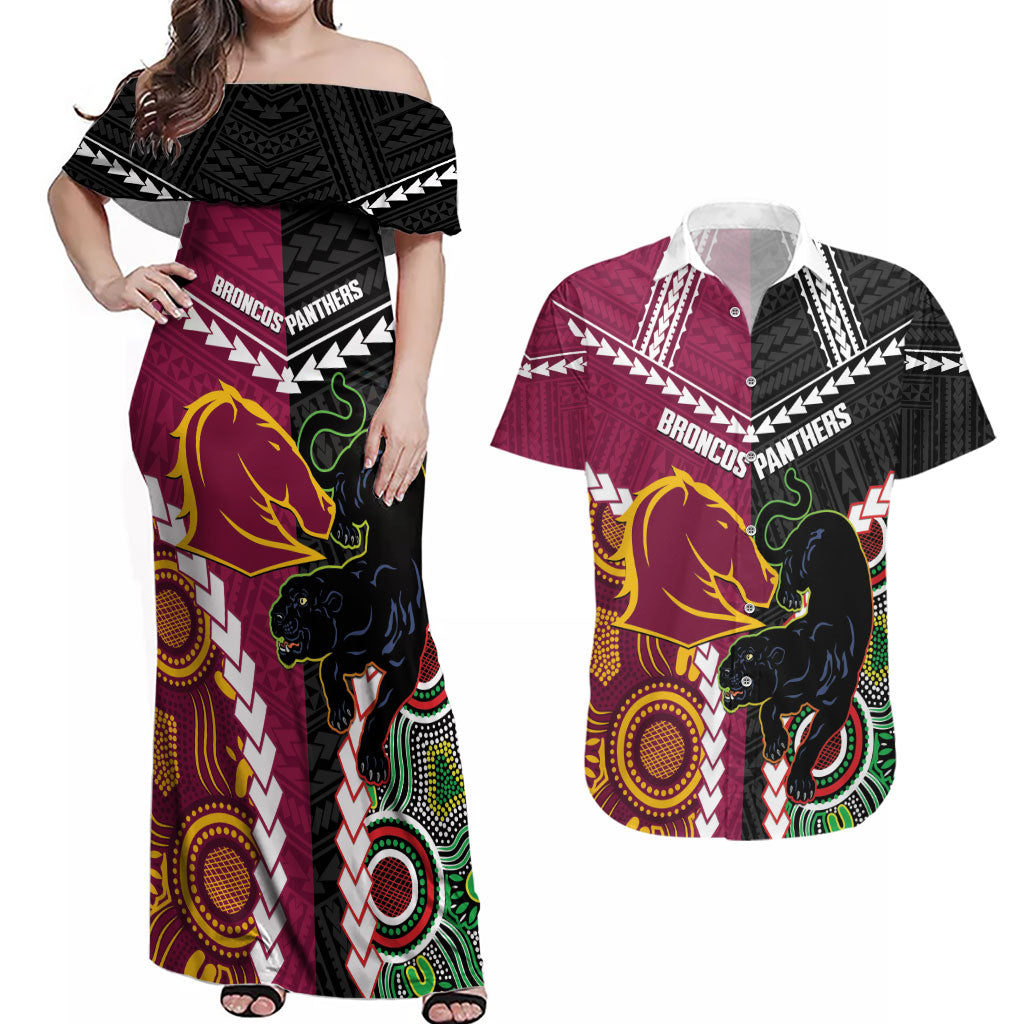 Custom Rugby Panthers and Broncos Couples Matching Off Shoulder Maxi Dress and Hawaiian Shirt 2026 Together Aboriginal Polynesian Pattern