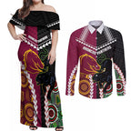 Custom Rugby Panthers and Broncos Couples Matching Off Shoulder Maxi Dress and Long Sleeve Button Shirt 2026 Together Aboriginal Polynesian Pattern