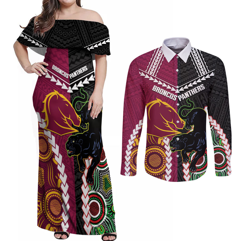 Custom Rugby Panthers and Broncos Couples Matching Off Shoulder Maxi Dress and Long Sleeve Button Shirt 2026 Together Aboriginal Polynesian Pattern